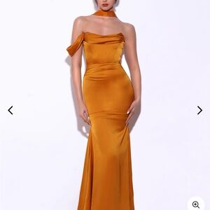 Miss Circle - Ivona Gold Halter Neck Double Duchess Satin Gown